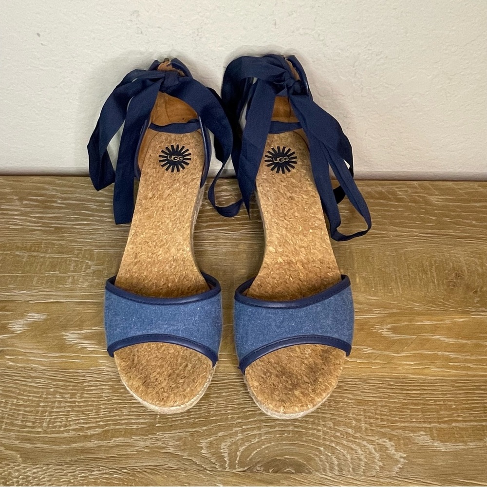 UGG Amell Open Toe Blue Lace Up Jute Wedge Espadrille Size 9